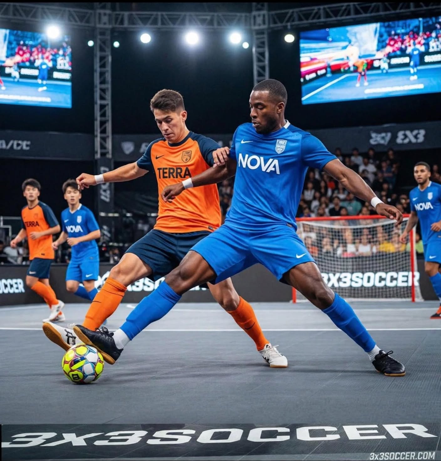 3x3 Soccer players in blue and orange competing for possession
